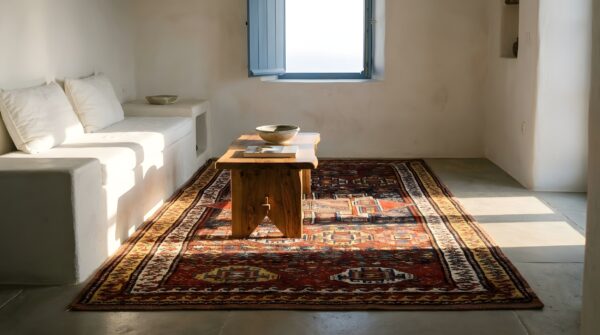 Antique red quchan - kordi persian geometric knotted rug (sku 23834) - room view