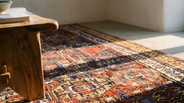 Antique red quchan - kordi persian geometric knotted rug (sku 23834) - in-room detail