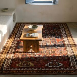 Antique Red Quchan - Kordi Persian Geometric Knotted Rug (SKU 23834) - styled overhead view