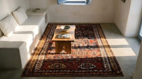 Antique red quchan - kordi persian geometric knotted rug (sku 23834) - styled overhead view