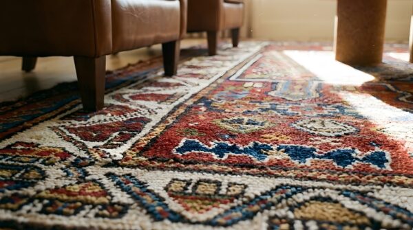 Red antique quchan - kordi small scatter size wool rug 9 Red antique quchan - kordi small scatter size wool rug (sku 25562) - in-room detail