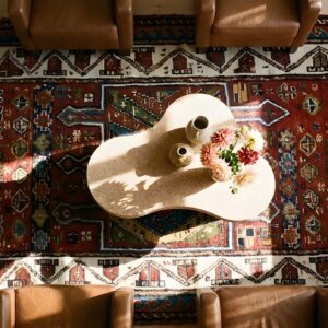 Red Antique Quchan - Kordi Small Scatter Size Wool Rug (SKU 25562) - styled overhead view