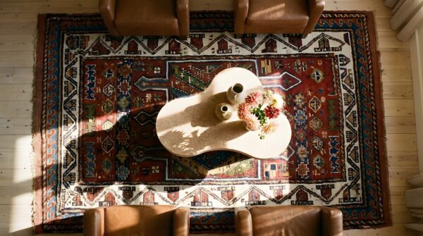Red antique quchan - kordi small scatter size wool rug 2 Red antique quchan - kordi small scatter size wool rug (sku 25562) - styled overhead view