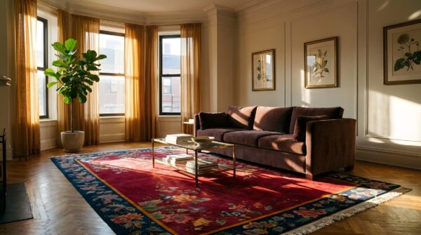 Hand knotted red rectangle wool 1920s antique chinese deco rug (sku 24976) - room view