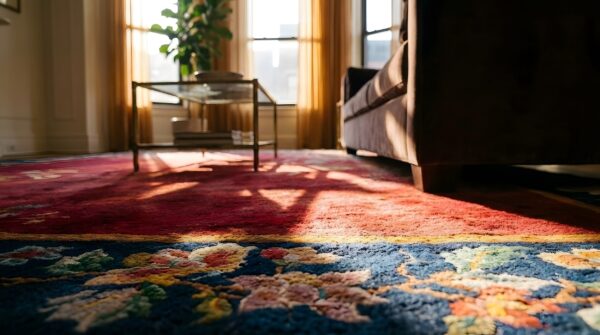 Hand knotted red rectangle wool 1920s antique chinese deco rug (sku 24976) - in-room detail