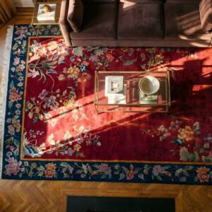 Hand Knotted Red Rectangle Wool 1920s Antique Chinese Deco Rug (SKU 24976) - styled overhead view