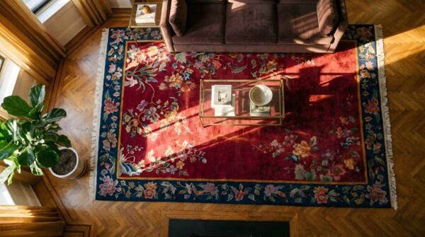 Hand knotted red rectangle wool 1920s antique chinese deco rug (sku 24976) - styled overhead view