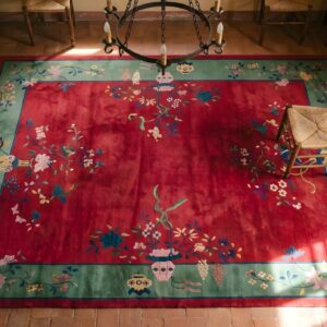 Antique Red Rectangle Chinese - Art Deco Knotted Wool Room Size 1920s Rug (SKU 22699) - styled overhead view