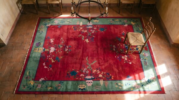 Antique red rectangle chinese - art deco knotted wool room size 1920s rug 2 Antique red rectangle chinese - art deco knotted wool room size 1920s rug (sku 22699) - styled overhead view