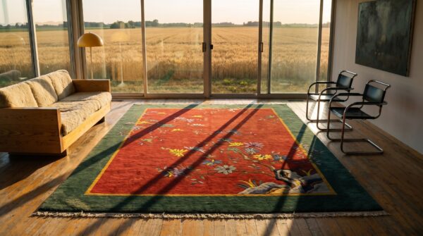Red antique knotted wool rectangle room size 1920s chinese art deco rug 11 Red antique knotted wool rectangle room size 1920s chinese art deco rug (sku 22139) - room view