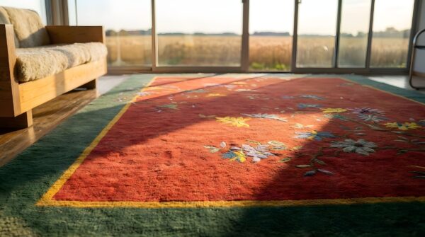 Red antique knotted wool rectangle room size 1920s chinese art deco rug 12 Red antique knotted wool rectangle room size 1920s chinese art deco rug (sku 22139) - in-room detail