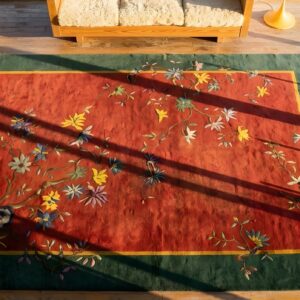 Red Antique Knotted Wool Rectangle Room Size 1920s Chinese Art Deco Rug (SKU 22139) - styled overhead view