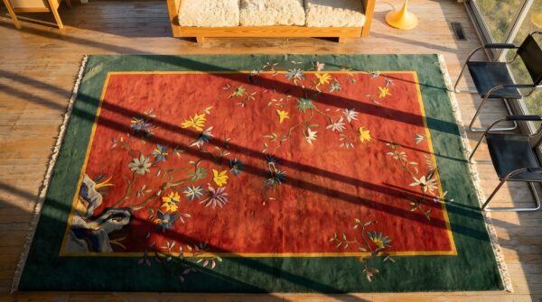 Red antique knotted wool rectangle room size 1920s chinese art deco rug 2 Red antique knotted wool rectangle room size 1920s chinese art deco rug (sku 22139) - styled overhead view