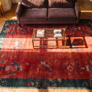 Antique Red Room Size Hand Knotted Wool Pile Art Deco Chinese Rug (SKU 24321) - styled overhead view