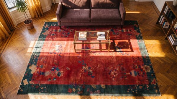 Antique red room size hand knotted wool pile art deco chinese rug 2 Antique red room size hand knotted wool pile art deco chinese rug (sku 24321) - styled overhead view