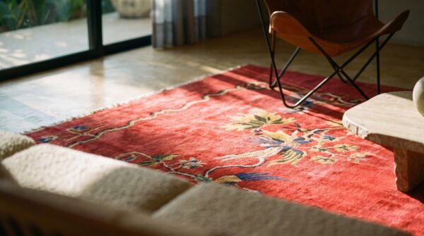 Wool pile red antique hand knotted room size antique deco chinese rug (sku 24320) - in-room detail