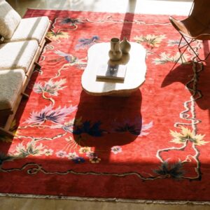 Wool Pile Red Antique Hand Knotted Room Size Antique Deco Chinese Rug (SKU 24320) - styled overhead view