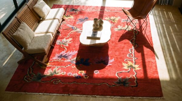 Wool pile red antique hand knotted room size antique deco chinese rug (sku 24320) - styled overhead view