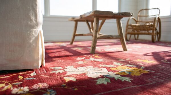 Red room size antique wool pile floral chinese deco carpet 8 Red room size antique wool pile floral chinese deco carpet (sku 25103) - in-room detail