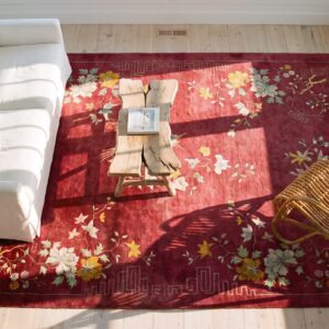 Red Room Size Antique Wool Pile Floral Chinese Deco Carpet (SKU 25103) - styled overhead view