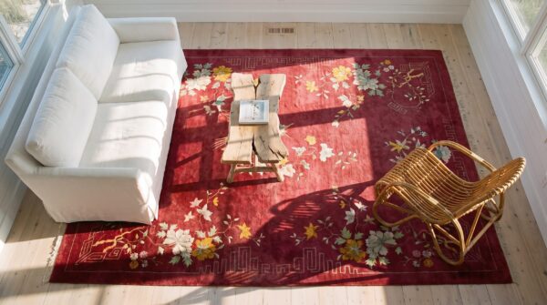 Red room size antique wool pile floral chinese deco carpet 2 Red room size antique wool pile floral chinese deco carpet (sku 25103) - styled overhead view