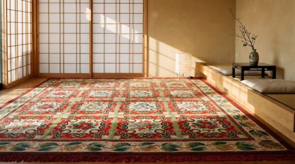 Red room size antique floral flat weave french needlepoint rug (sku 18981) - room view