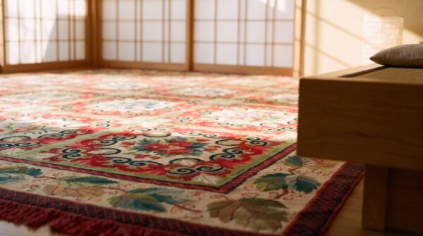 Red room size antique floral flat weave french needlepoint rug (sku 18981) - in-room detail