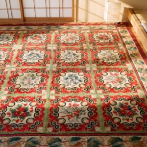 Red Room Size Antique Floral Flat Weave French Needlepoint Rug (SKU 18981) - styled overhead view