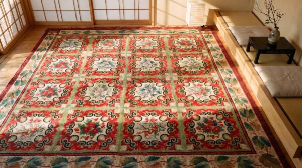 Red room size antique floral flat weave french needlepoint rug (sku 18981) - styled overhead view