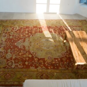 Red Room Size Antique Turkish Medallion Oushak Carpet (SKU 24795) - styled overhead view