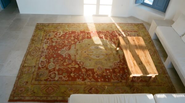 Red room size antique turkish medallion oushak carpet 2 Red room size antique turkish medallion oushak carpet (sku 24795) - styled overhead view