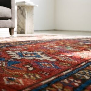 Red Rustic Antique Allover Tribal Geometric Pattern Caucasus Kazak Wool Pile Rug (SKU 19040) - in-room detail