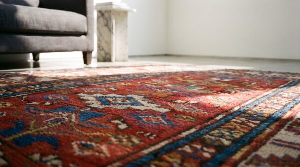 Red rustic antique allover tribal geometric pattern caucasus kazak wool pile rug 14 Red rustic antique allover tribal geometric pattern caucasus kazak wool pile rug (sku 19040) - in-room detail