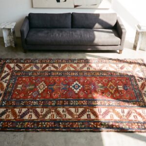 Red Rustic Antique Allover Tribal Geometric Pattern Caucasus Kazak Wool Pile Rug (SKU 19040) - styled overhead view