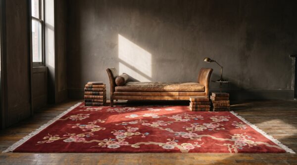 Red rustic floral antique chinese room size art deco area rug 7 Red rustic floral antique chinese room size art deco area rug (sku 22814) - room view