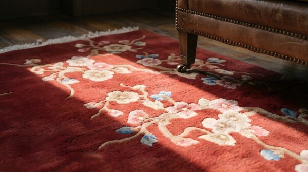 Red rustic floral antique chinese room size art deco area rug 8 Red rustic floral antique chinese room size art deco area rug (sku 22814) - in-room detail