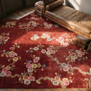 Red Rustic Floral Antique Chinese Room Size Art Deco Area Rug (SKU 22814) - styled overhead view