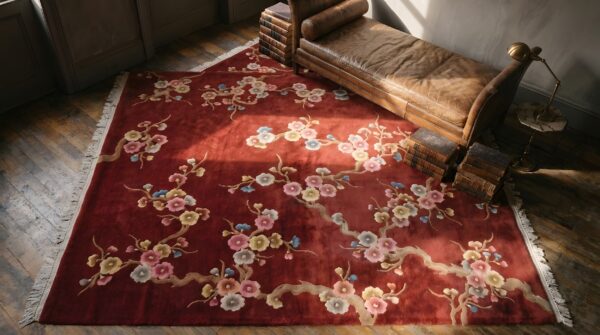 Red rustic floral antique chinese room size art deco area rug 2 Red rustic floral antique chinese room size art deco area rug (sku 22814) - styled overhead view