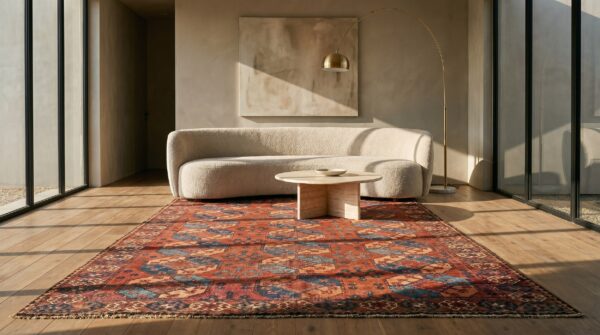 Red rustic tribal bokara design antique ersari beshir wool pile central asian rug 13 Red rustic tribal bokara design antique ersari beshir wool pile central asian rug (sku 18382) - room view