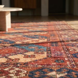 Red Rustic Tribal Bokara Design Antique Ersari Beshir Wool Pile Central Asian Rug (SKU 18382) - in-room detail