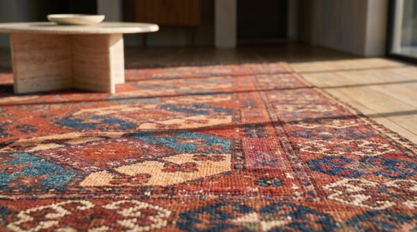 Red rustic tribal bokara design antique ersari beshir wool pile central asian rug 14 Red rustic tribal bokara design antique ersari beshir wool pile central asian rug (sku 18382) - in-room detail