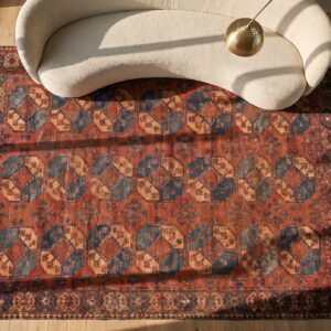 Red Rustic Tribal Bokara Design Antique Ersari Beshir Wool Pile Central Asian Rug (SKU 18382) - styled overhead view