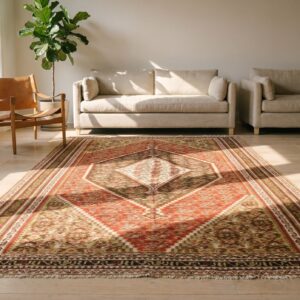 Red Rustic Tribal Geometric Floral Medallion Kufic Border Design Small Antique Persian Senneh Flatweave Rug (SKU 19504) - room view