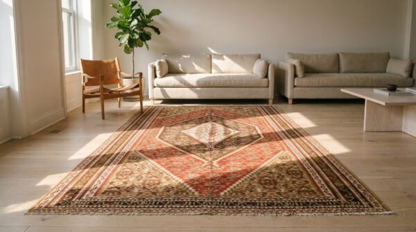 Red rustic tribal geometric floral medallion kufic border design small antique persian senneh flatweave rug 9 Red rustic tribal geometric floral medallion kufic border design small antique persian senneh flatweave rug (sku 19504) - room view
