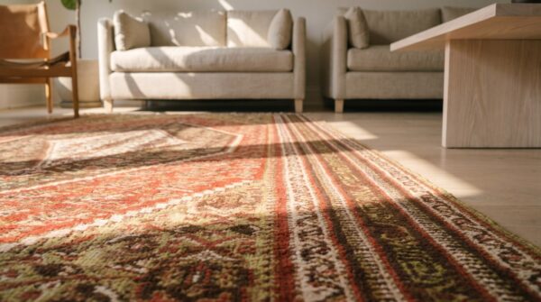 Red rustic tribal geometric floral medallion kufic border design small antique persian senneh flatweave rug 10 Red rustic tribal geometric floral medallion kufic border design small antique persian senneh flatweave rug (sku 19504) - in-room detail