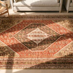 Red Rustic Tribal Geometric Floral Medallion Kufic Border Design Small Antique Persian Senneh Flatweave Rug (SKU 19504) - styled overhead view