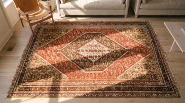 Red rustic tribal geometric floral medallion kufic border design small antique persian senneh flatweave rug 2 Red rustic tribal geometric floral medallion kufic border design small antique persian senneh flatweave rug (sku 19504) - styled overhead view