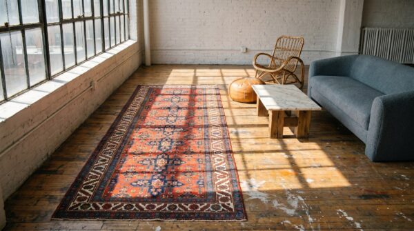 Red rustic tribal geometric antique northwest persian wool pile hallway runner rug 9 Red rustic tribal geometric antique northwest persian wool pile hallway runner rug (sku 19061) - room view