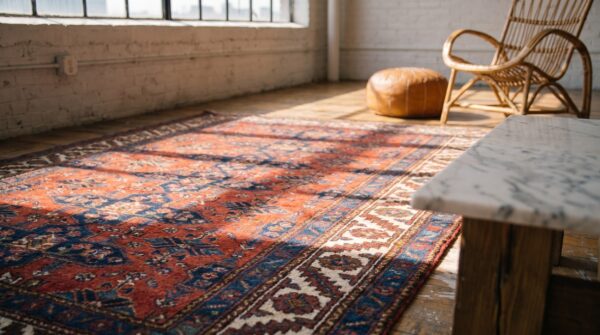 Red rustic tribal geometric antique northwest persian wool pile hallway runner rug 10 Red rustic tribal geometric antique northwest persian wool pile hallway runner rug (sku 19061) - in-room detail