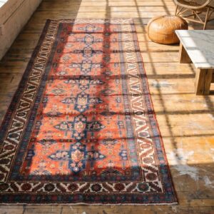 Red Rustic Tribal Geometric Antique Northwest Persian Wool Pile Hallway Runner Rug (SKU 19061) - styled overhead view